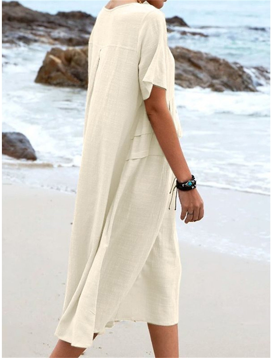 Cotton linen round neck midi dress