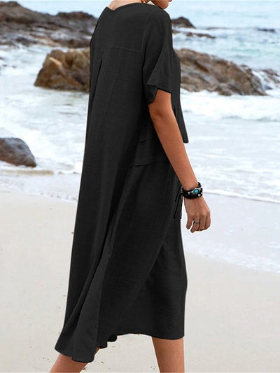 Cotton linen round neck midi dress