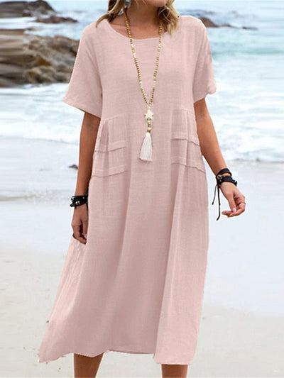 Cotton linen round neck midi dress