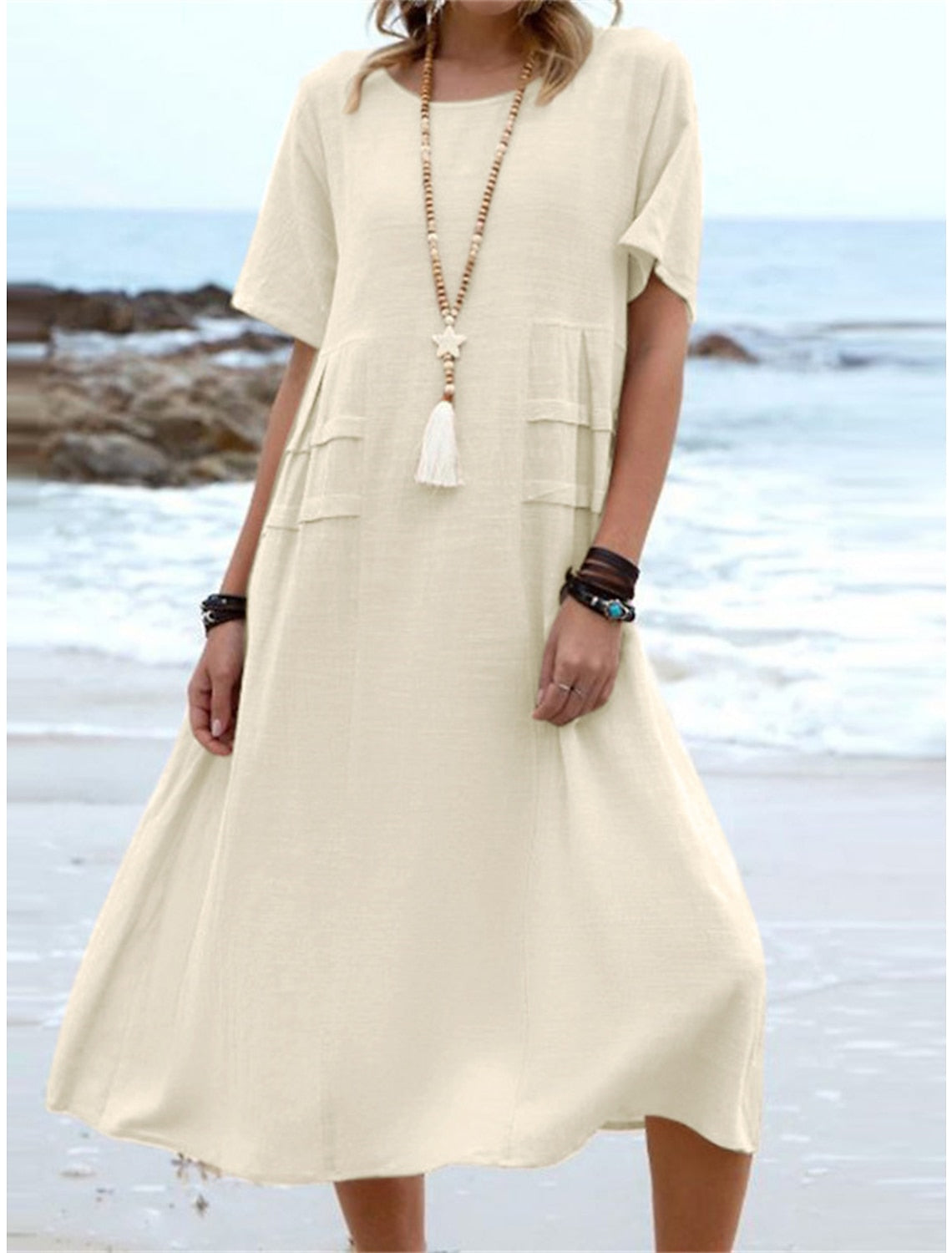 Cotton linen round neck midi dress