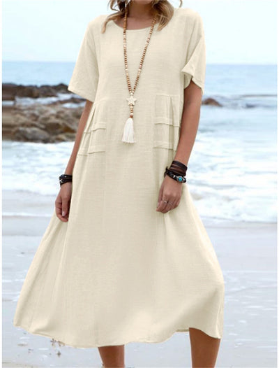 Cotton linen round neck midi dress
