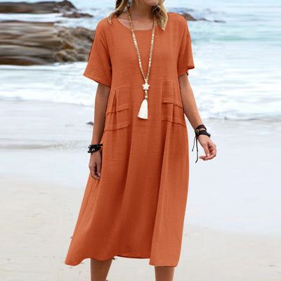 Cotton linen round neck midi dress