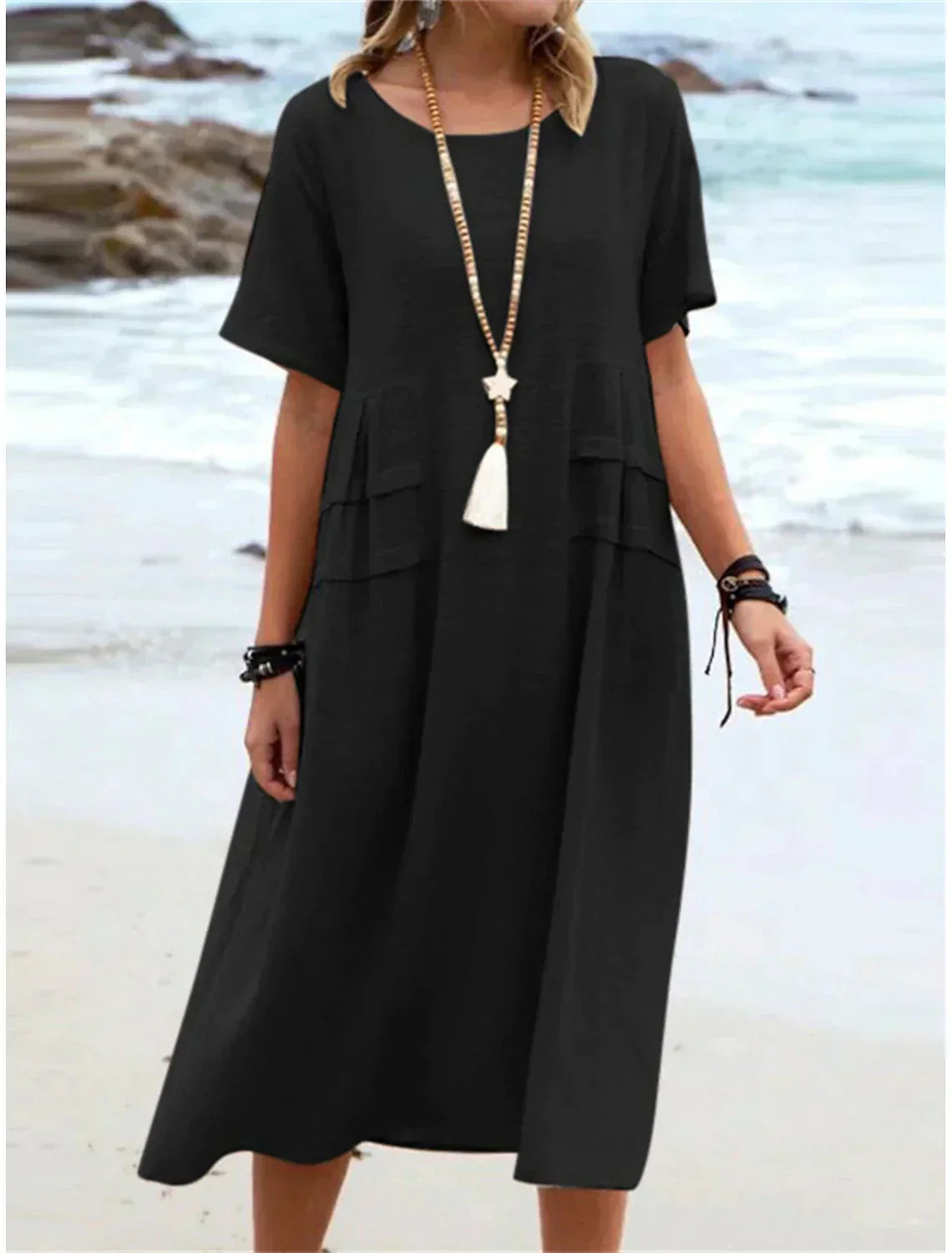 Cotton linen round neck midi dress