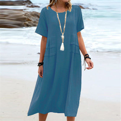 Cotton linen round neck midi dress