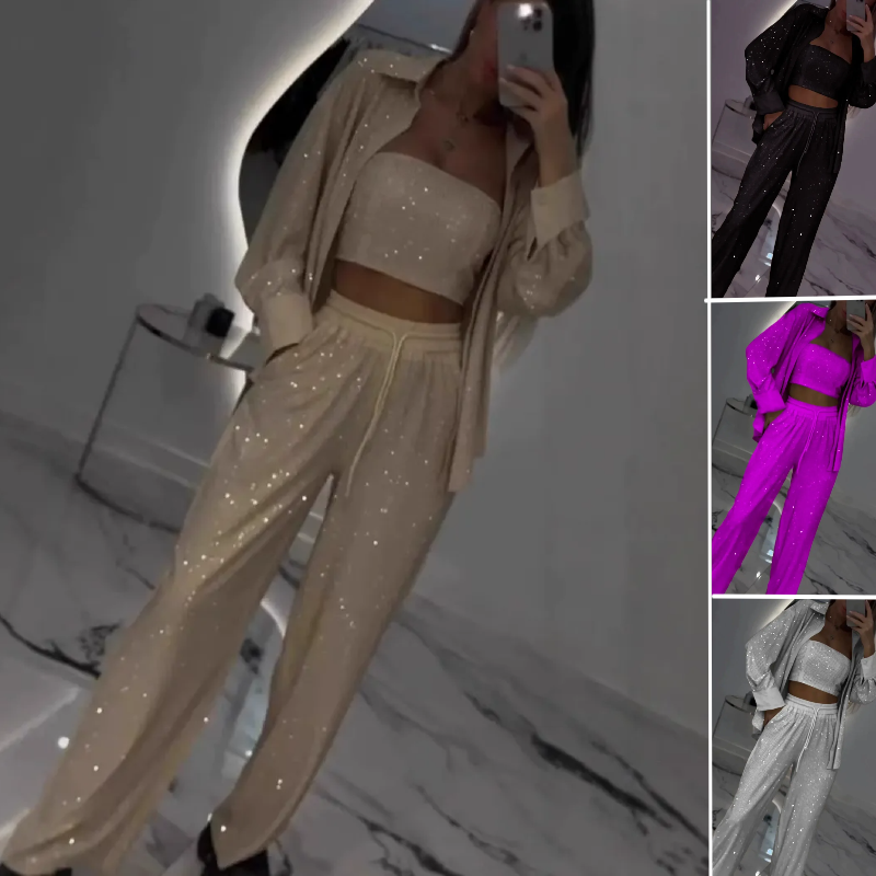 Women's Sequin Blazer and Wide Leg Pants (3-piece Set)