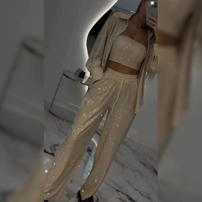 Women's Sequin Blazer and Wide Leg Pants (3-piece Set)