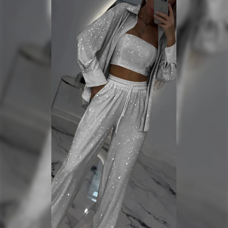 Women's Sequin Blazer and Wide Leg Pants (3-piece Set)