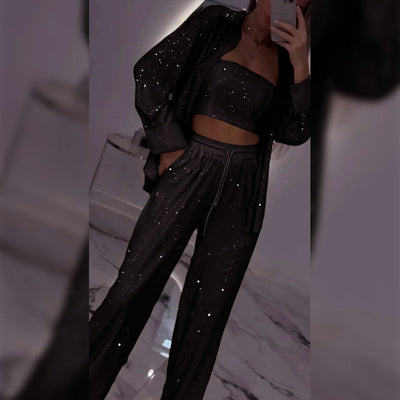 Women's Sequin Blazer and Wide Leg Pants (3-piece Set)