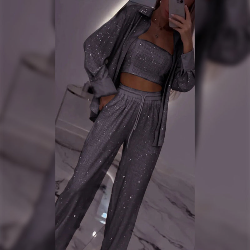 Women's Sequin Blazer and Wide Leg Pants (3-piece Set)