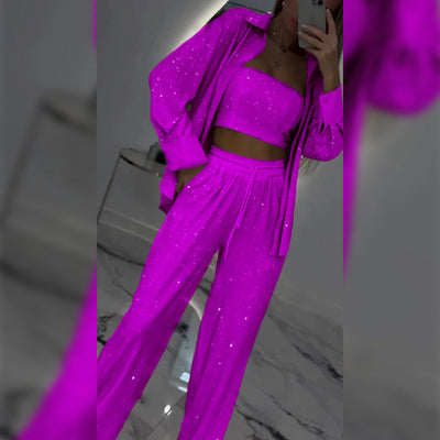 Women's Sequin Blazer and Wide Leg Pants (3-piece Set)