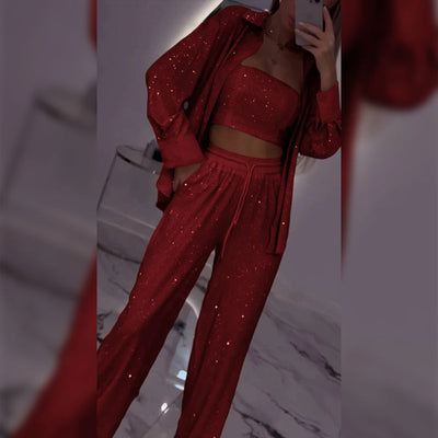 Women's Sequin Blazer and Wide Leg Pants (3-piece Set)