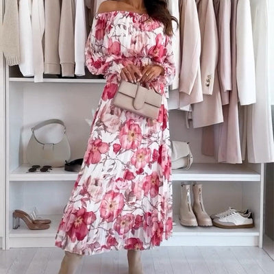 Floral Pattern Set: Off-shoulder Blouse & Maxi Skirt