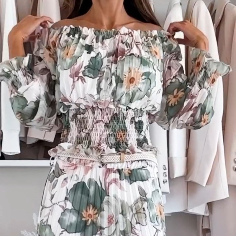 Floral Pattern Set: Off-shoulder Blouse & Maxi Skirt
