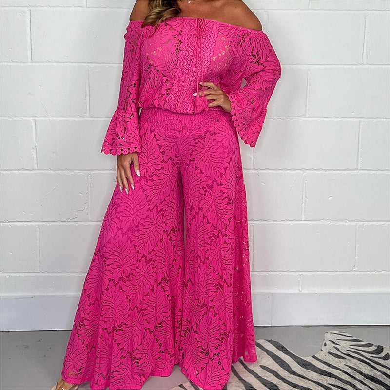 Women's Two-Piece Set: Lace Top + Wide Leg Pants