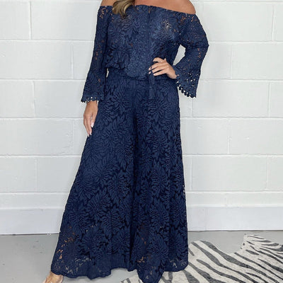 Women's Two-Piece Set: Lace Top + Wide Leg Pants