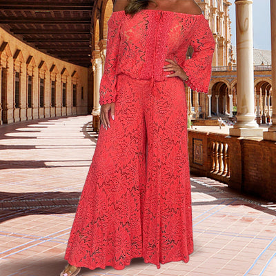 Women's Two-Piece Set: Lace Top + Wide Leg Pants