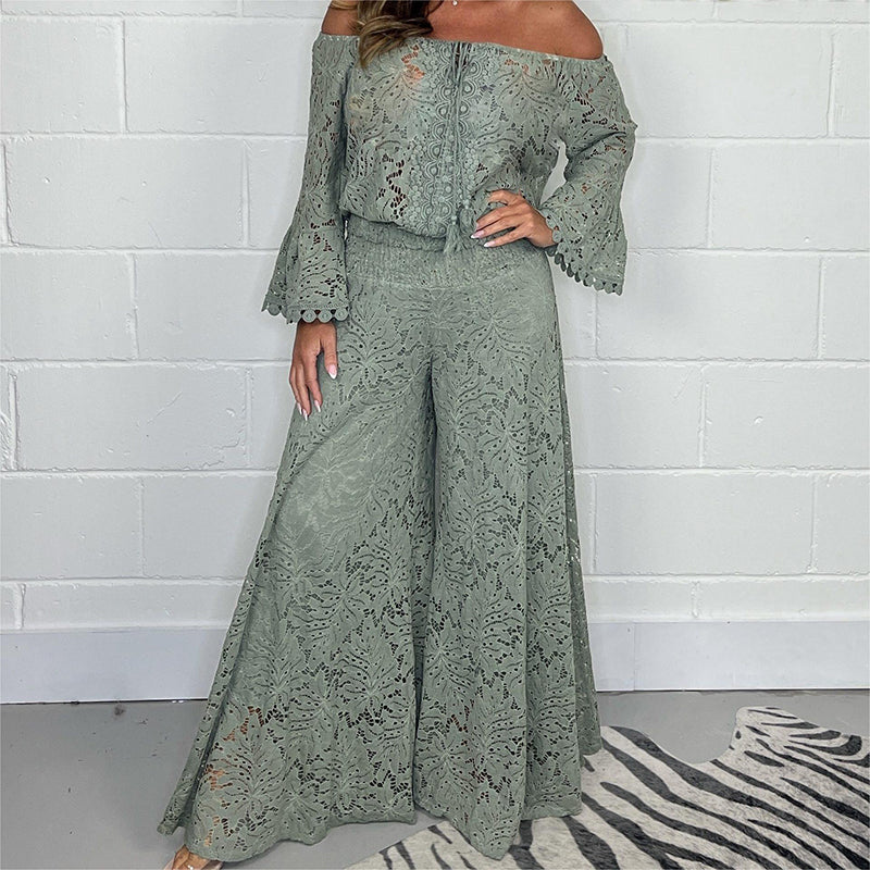 Women's Two-Piece Set: Lace Top + Wide Leg Pants