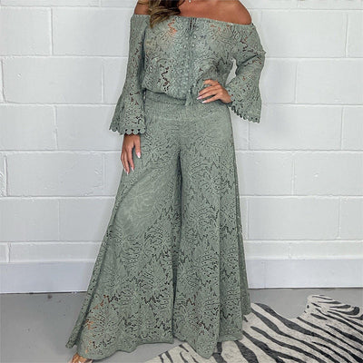 Women's Two-Piece Set: Lace Top + Wide Leg Pants