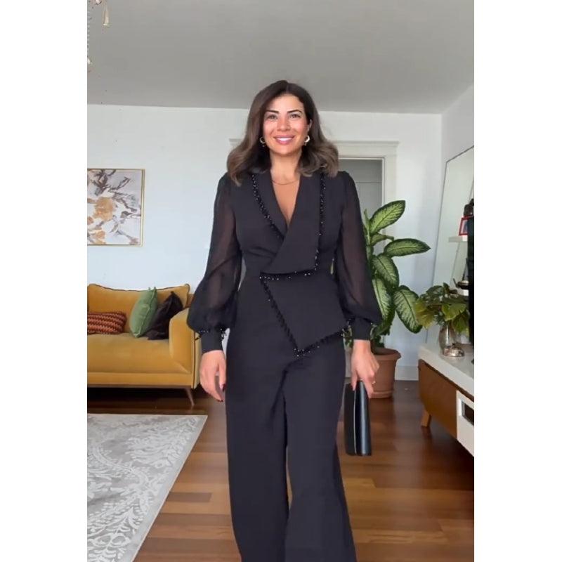 Elegant Black Pearl Blouse & Wide Leg Pants (2 Piece Set)