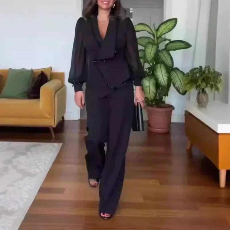 Elegant Black Pearl Blouse & Wide Leg Pants (2 Piece Set)