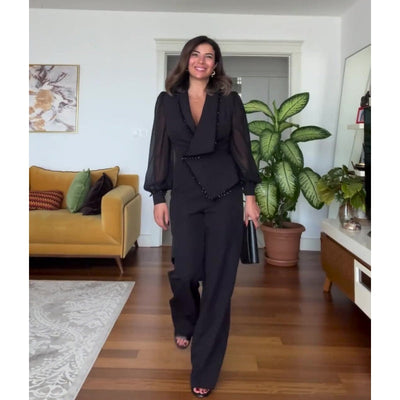 Elegant Black Pearl Blouse & Wide Leg Pants (2 Piece Set)