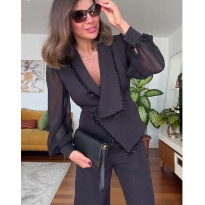 Elegant Black Pearl Blouse & Wide Leg Pants (2 Piece Set)