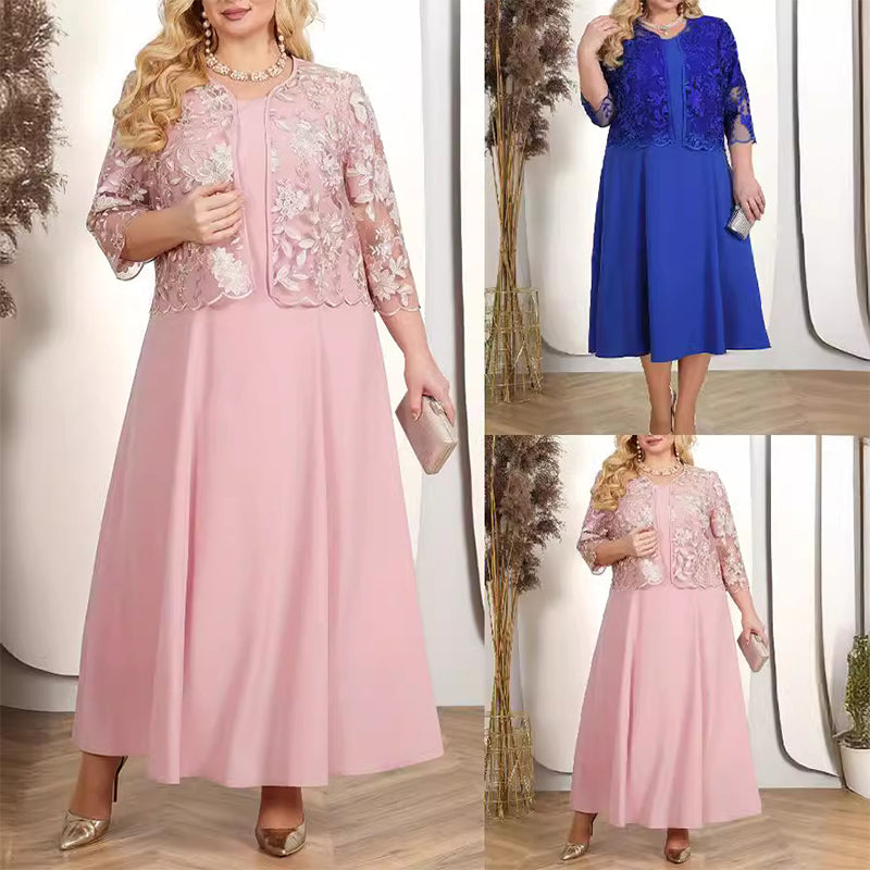 Women's solid color dress with lace embroidered jacket
