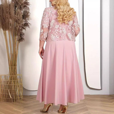 Women's solid color dress with lace embroidered jacket
