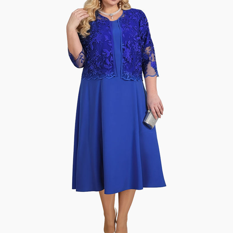 Women's solid color dress with lace embroidered jacket