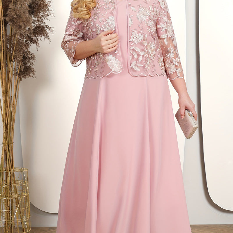 Women's solid color dress with lace embroidered jacket