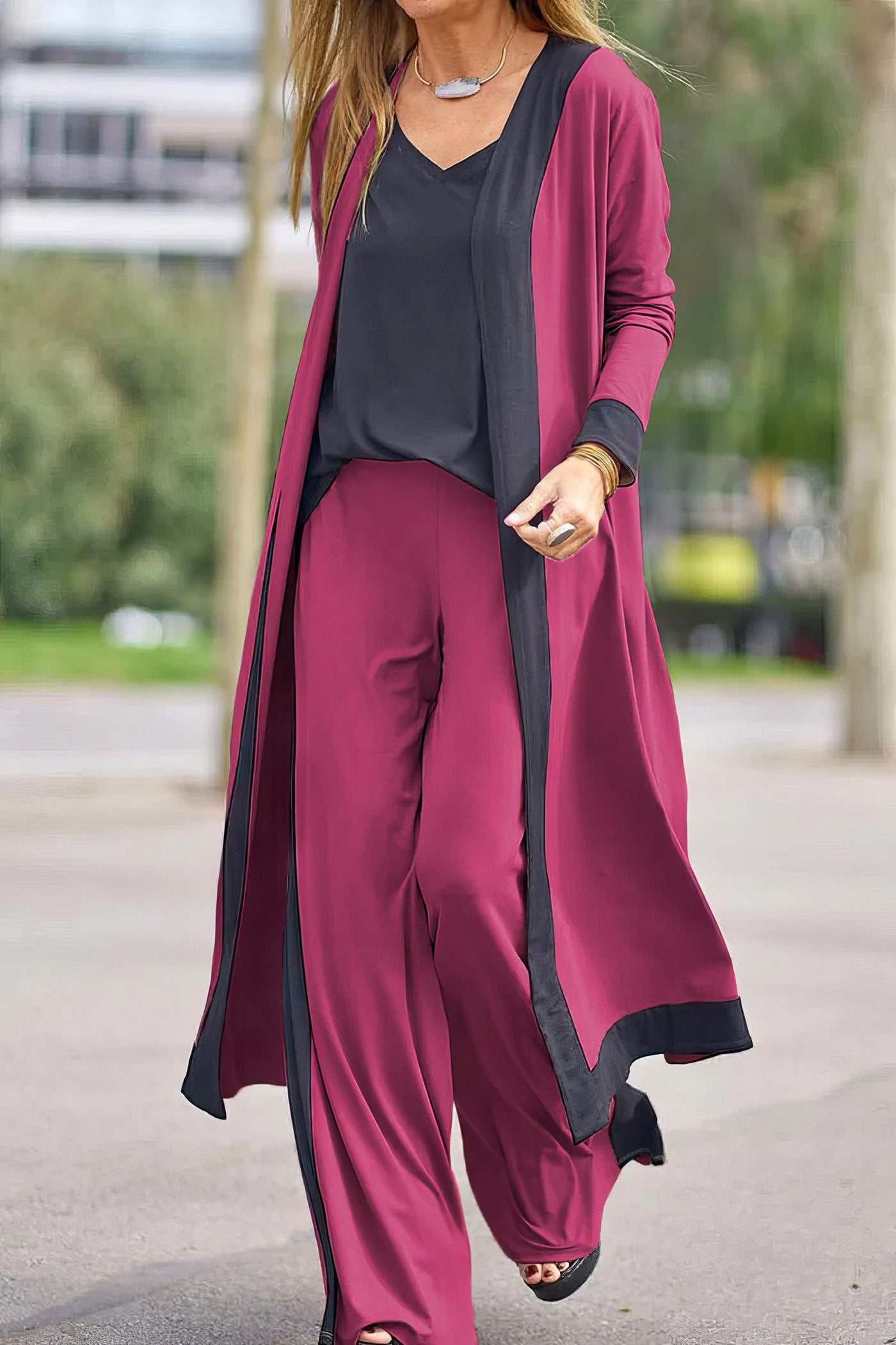 Women's 3-piece set: cardigan, top, and wide-legged pants